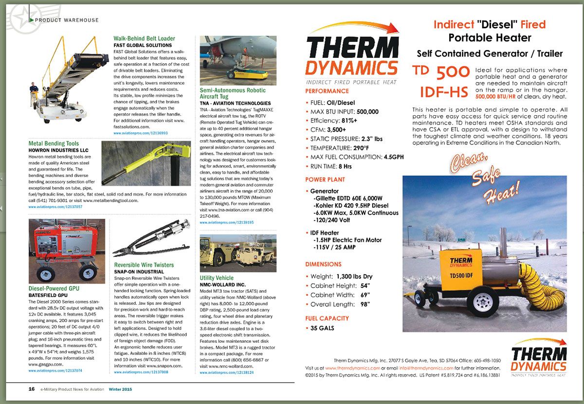 US Airforce run e-Military "New Product" Ads to promote Therm Dynamics new Portable "Flamed Heater" mounted on a trailer with a built in Generator for turbine preheat, thawing and maintenance.